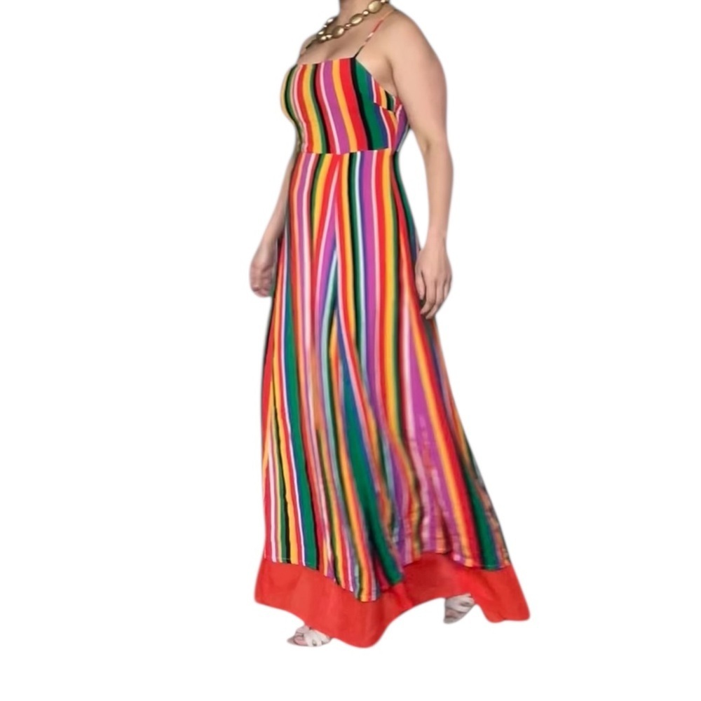 Multi-Color Striped Maxi Dress with Red Hem Medium